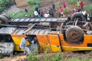 Global Bus Over Turns On Kampala-Masaka Highway Injuring 3