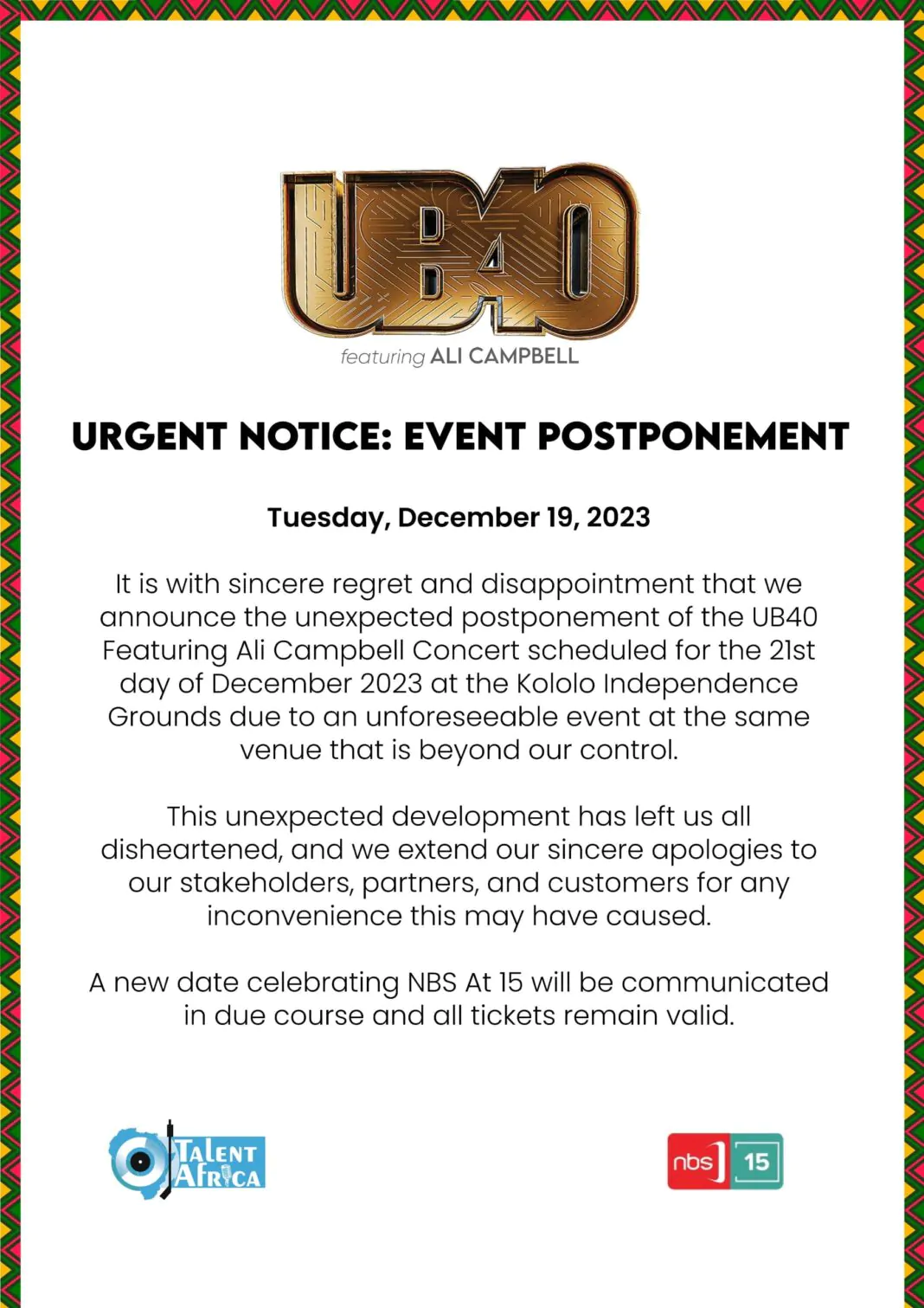 UB40 Featuring Ali Campbell Concert Postponed